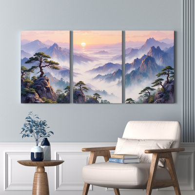 Misty Mountain Landscape Canvas Wrapped Wall Art, Oil Painting Print (Set of 3)
