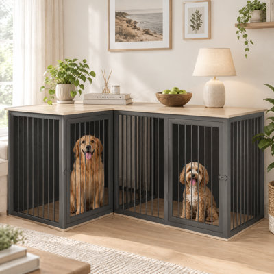 Large Double Dog Crate Furniture with Divider & Double Doors, All Steel Frame Indoor Dog Kennel for 2 Dogs