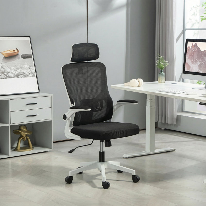 Chaise de bureau en filet avec appui-tête réglable, soutien lombaire, Noir, noir, noir, noir
