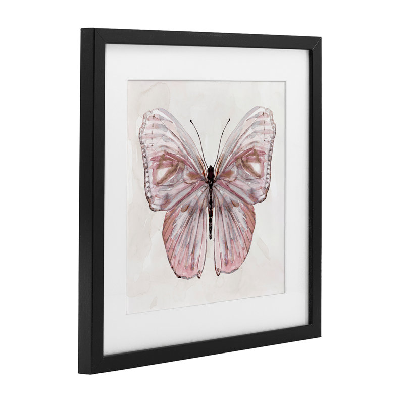 Papillon rose discret, impression sous verre, design par Carol Robinson, H 13 po x l 13 po, Cadre noir minuit