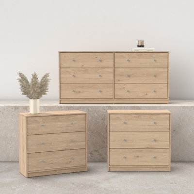Ensemble de chambre à coucher 3 pièces - commode double 6 tiroirs et ensemble de 2 commodes, Jackson Hickory