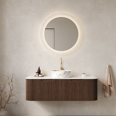 Meuble-lavabo de salle de bain avec lavabo, lavabo à fixation murale à bords arrondis flottants avec tiroir, lavabo en céramique avec motif de pierre, pré-assemblé