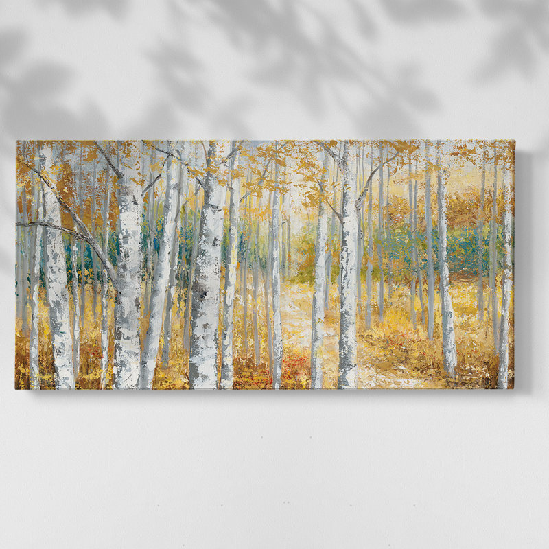 Birch Path II - Toile tendue avec châssis encadré - Prêt à être accroché, Doré