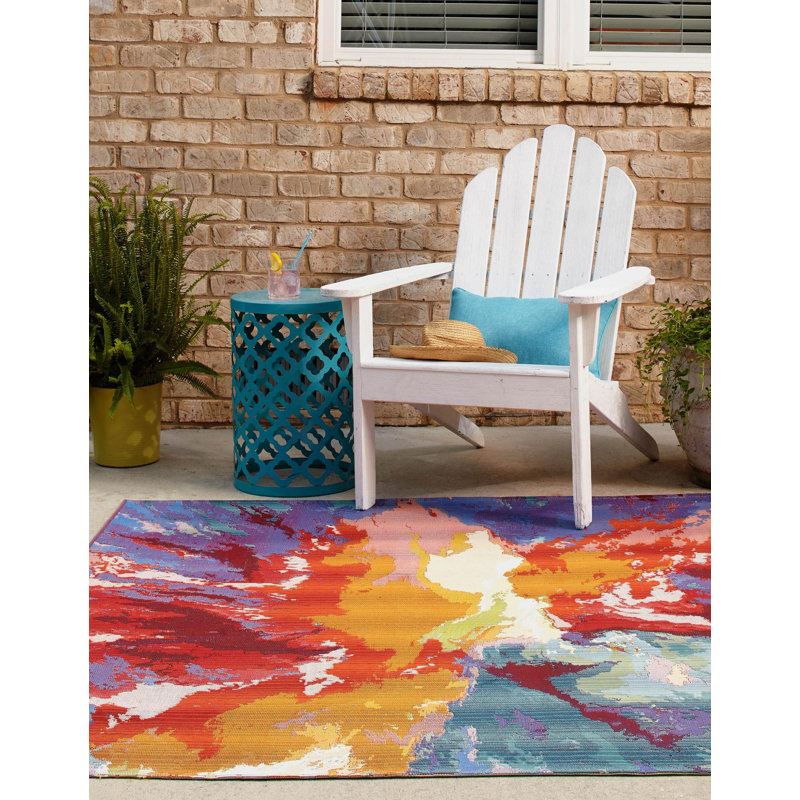 Azaleea Power Loomed Polypropylene Indoor/Outdoor Area Rug in Blue/Red/Orange, Carré 10 pi