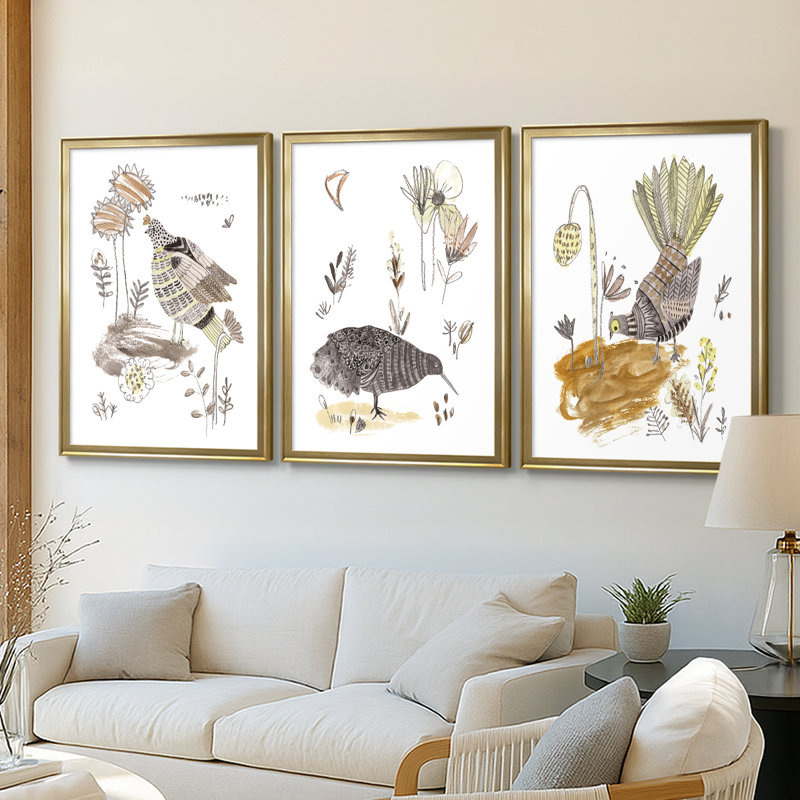 «Glowing Garden at Dusk IV» - Toile tendue avec châssis sur mesure - 3 pièces, H 30 po x l 63 po, Doré