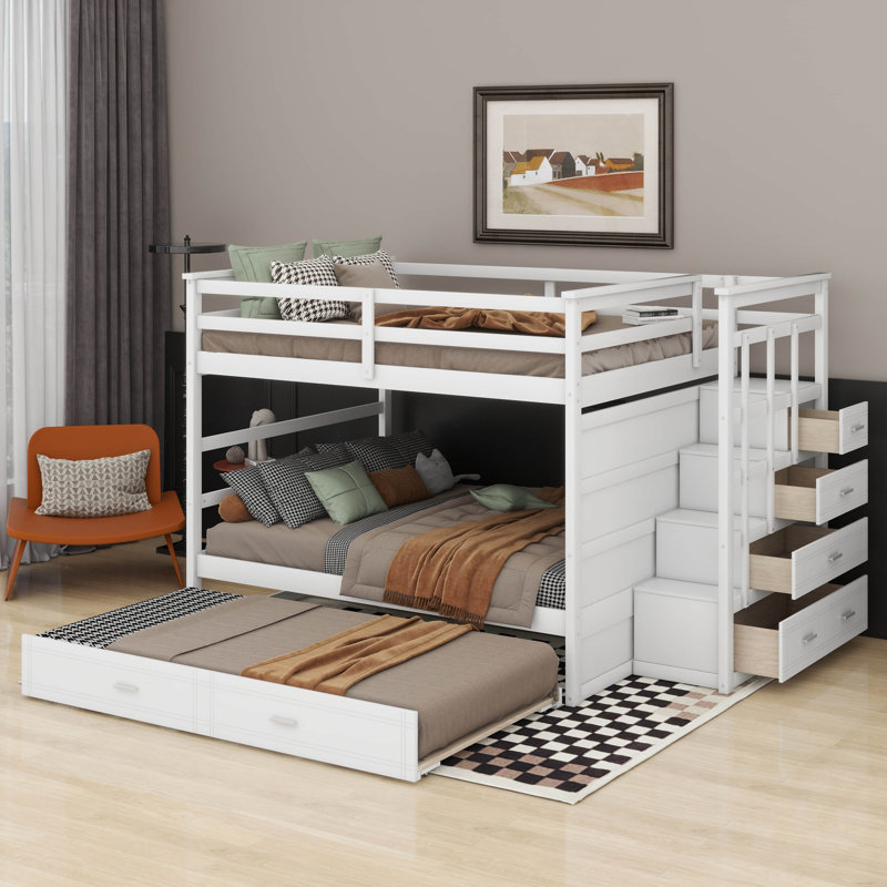 Hanli Kids Full Over Full Bunk with Trundle with Drawers, White