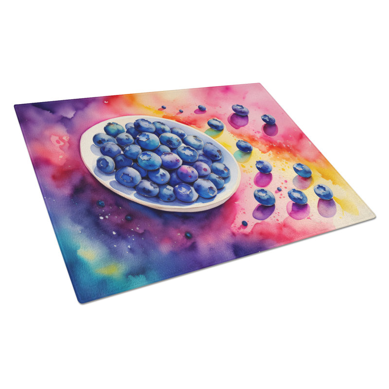 Grande planche à découper en verre avec bleuets colorés