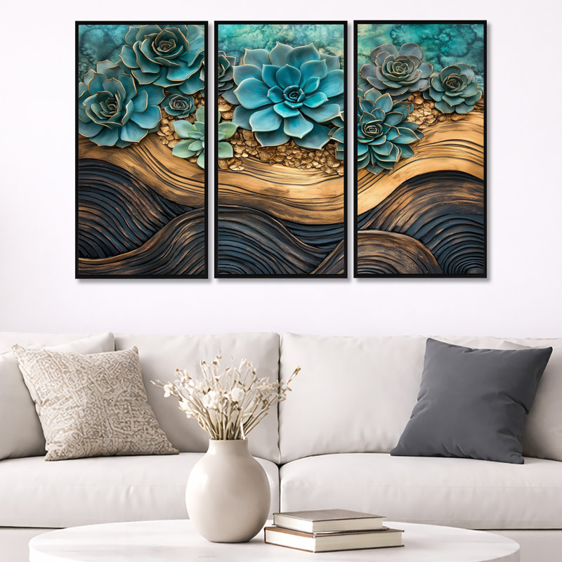 Impression sur toile encadrée dorée Rosette Ridge - Succulents, 3 pièces, H 32 po x l 48 po, Cadre flottant noir