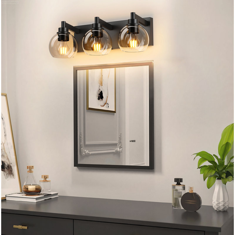 Éclairage de salle de bain industriel moderne à 3 lumières avec abat-jour en verre transparent noir mat