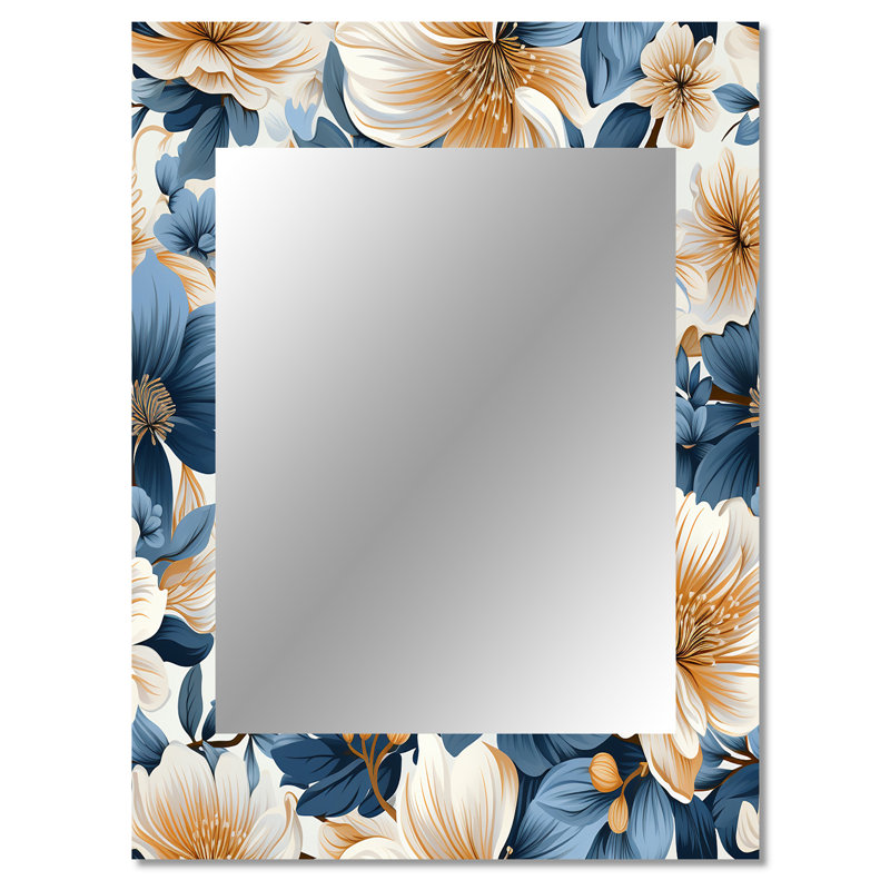 Analise Blue Retro Finesse Floral Pattern - Floral Large Wall Mirror, Cottage Decorative Mirror, Printed Metal Art, 40" x 30"