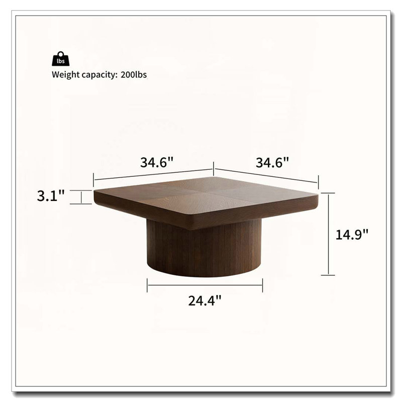 34.6'' Square Coffee Table For Living Room, Modern Wood Veneer Top With Parquet Pattern & Cylindrical Base, Thickened Tabletop, Easy Assembly