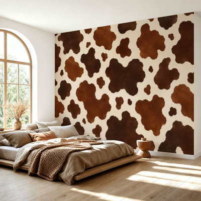 Wall Mural Peel and Stick Wallpaper Cow skin seamless Print animal hide brown spots white Mammals Fur Self-Adhesive Removable Contact Paper Wall Decor for Living Room Bedroom 69"H x 96"W