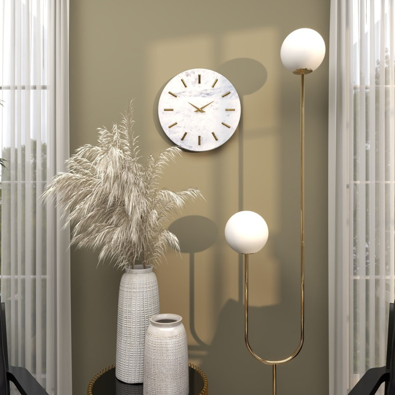 Marble Decorative Wall Clock with Gold Metal Accents