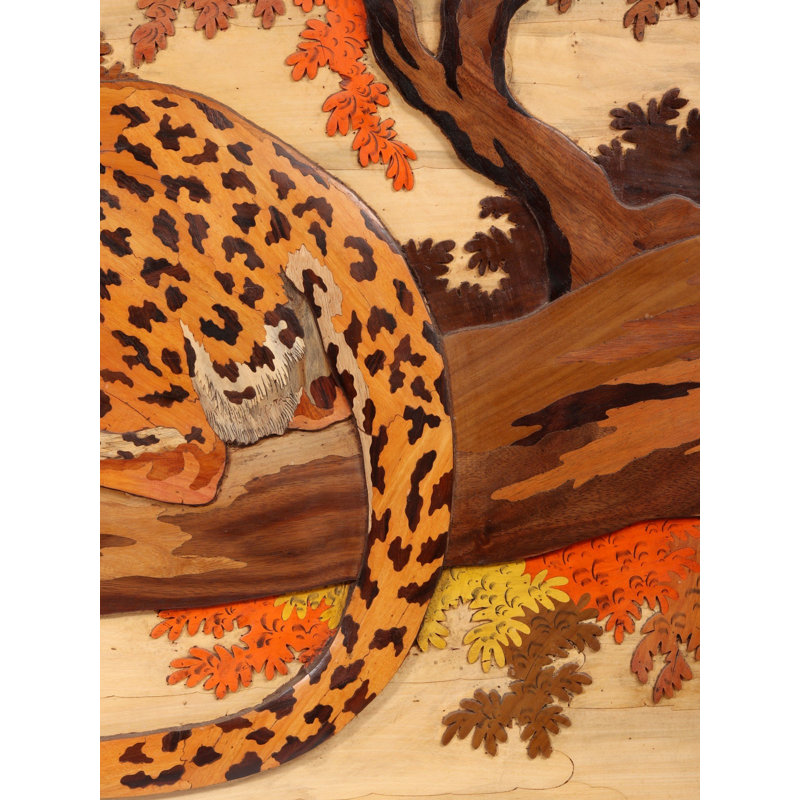 Handcrafted 60-Inch "Jungle Majesty" Leopard 3D Mysore Wood Inlay Wall Art