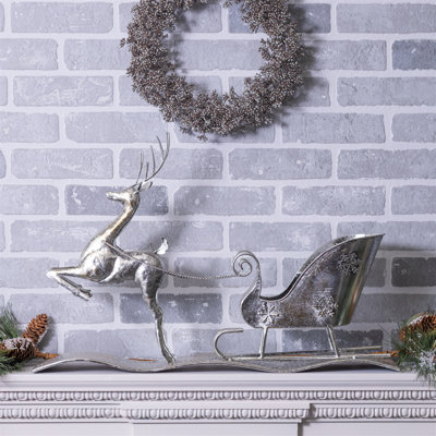 Hammered Metal Reindeer with Sleigh 25.5"L