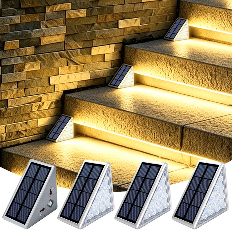 4Pack Solar Triangle Step Lights, IP65 Waterproof Warm LED Outdoor Stair Lights, Auto OnOff Solar Deck Wall Lights for Stairway, Patio, Yard & Garden Landscape Lighting