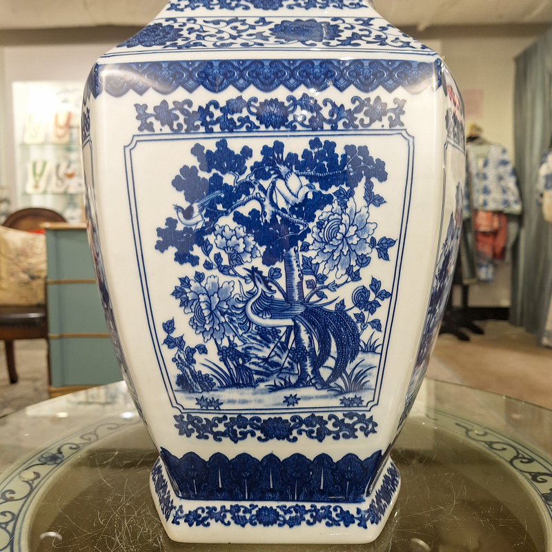 Hex Blue and White Landscape Vase