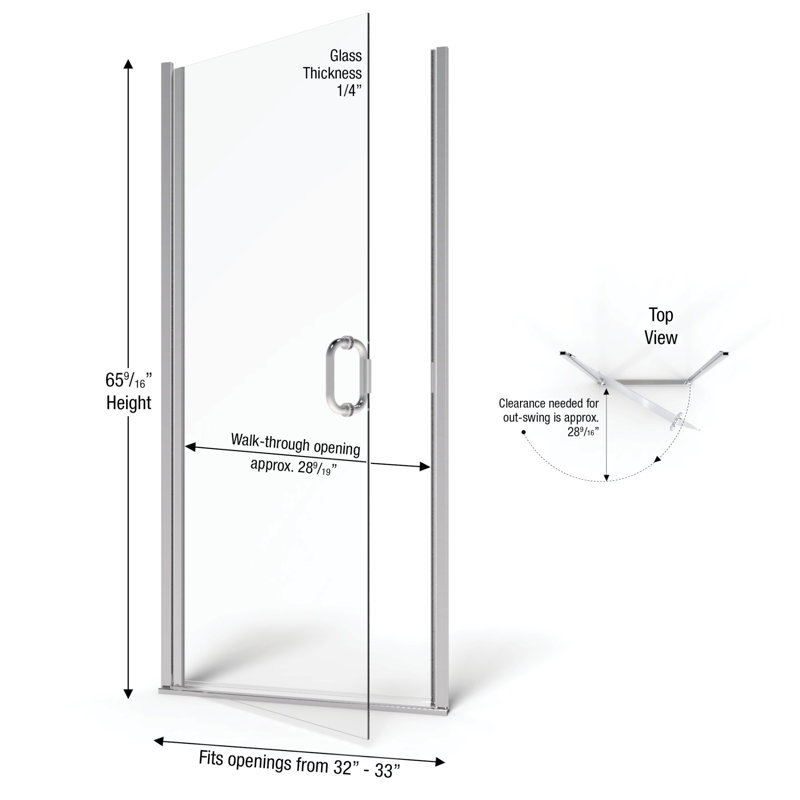 Porte de douche à pivot semi-sans cadre 34 po x 66 po Infinity, Argent, AquaGlideXP transparent