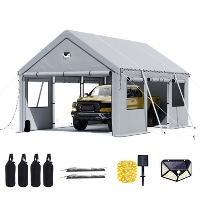 10x16ft Heavy Duty Enclosed Carport with Mesh Windows and Side Doors & Solar Lights – All-Weather Outdoor Shelter for Vehicles