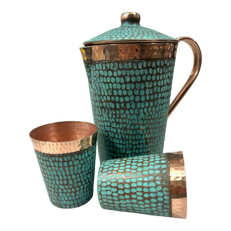 Handmade Turquoise and Copper Pitcher Set with Tumblers