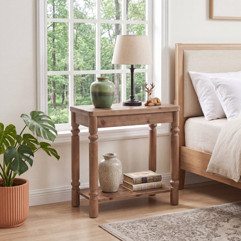 2-Tier Solid Wood Nightstand, Brown