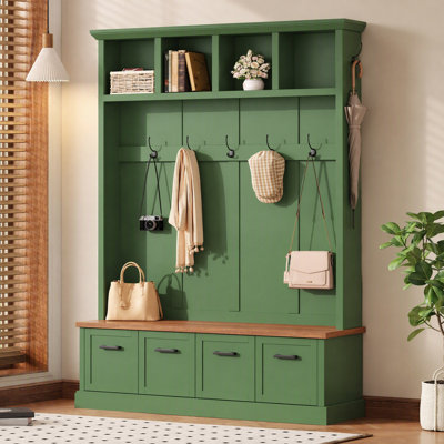 Porte-manteau d'entrée 3 en 1 de style champêtre avec banc à plateau en bois, organisateur de vestiaire moderne avec 4 armoires à chaussures fermées