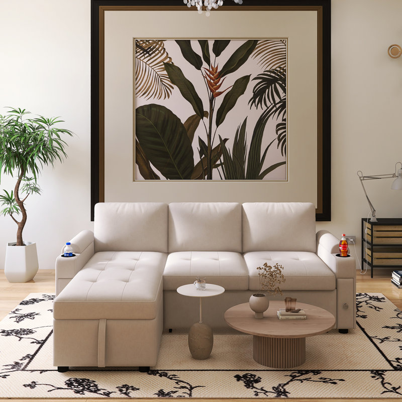 Canapé modulaire en L 83,5 po avec espace de rangement, deux porte-gobelets et deux ports USB, Beige