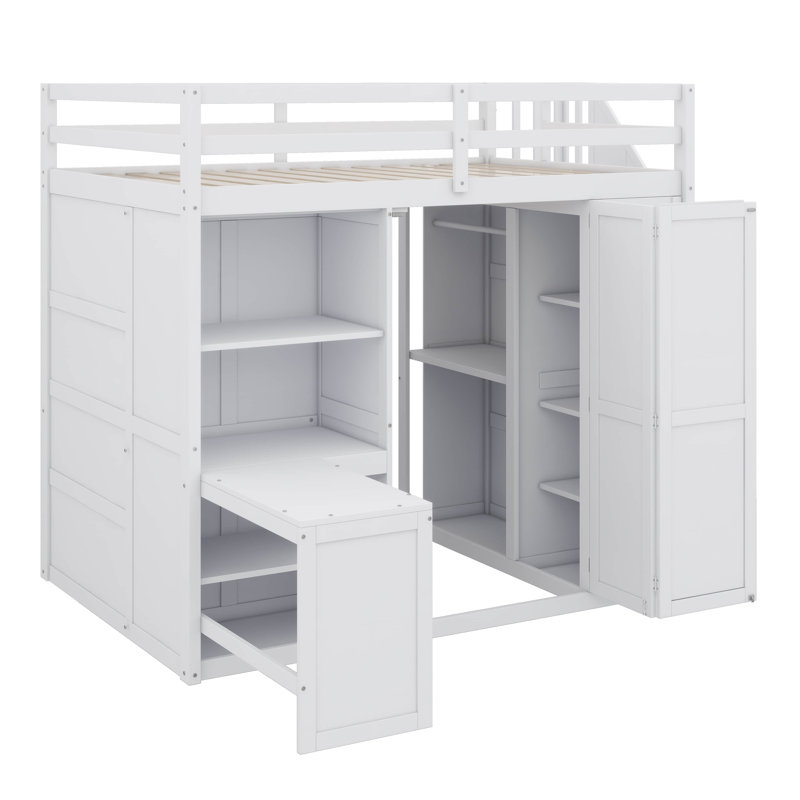 Lit double avec placard intégré, bureau et étagère, Blanc