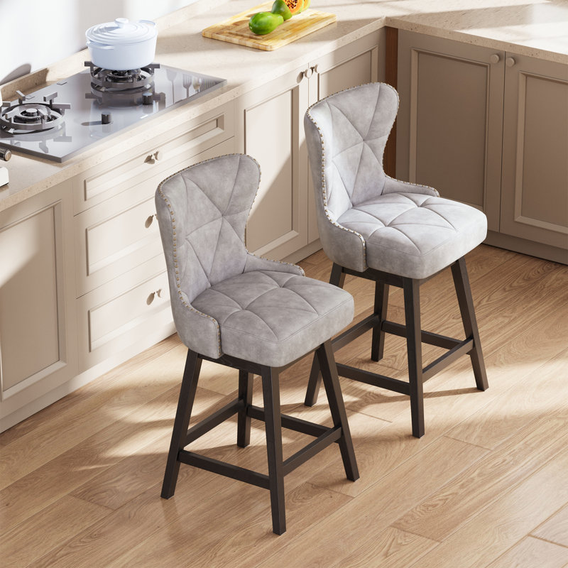 360° Swivel Upholstered Wingback Bar Counter Stool with Diamond Tufted Back, Grey