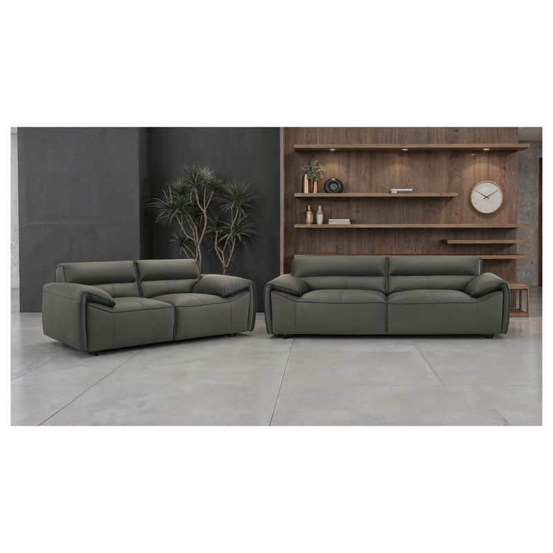 Ensemble de canapés rembourrés 2 pièces Hudson Graphite avec cuir véritable, structure en bois et accoudoirs rembourrés pour salon