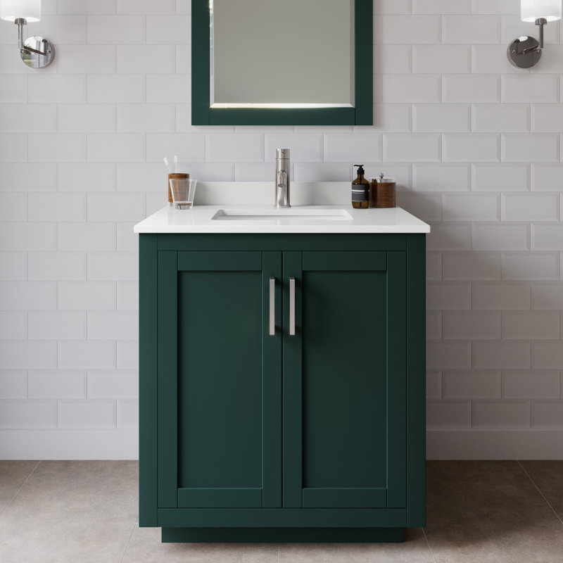 Meuble-lavabo simple autoportant de 30 po avec plateau en quartz Miranda, Quartz blanc, Vert, Nickel brossé