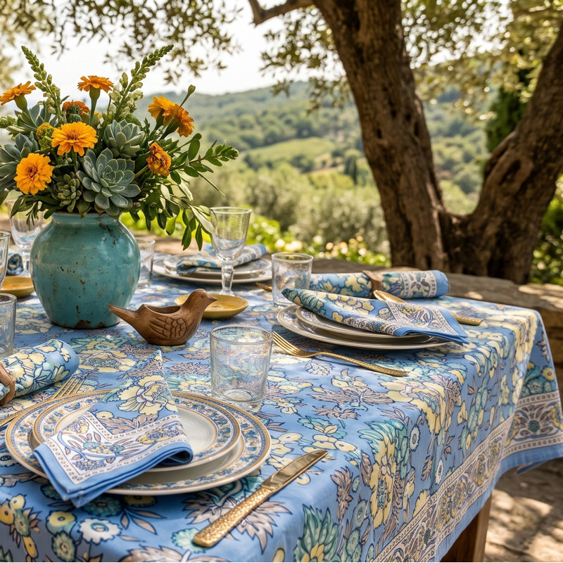 Griner Floral 100% Cotton Tablecloth, Blue, Rectangle 86" L x 58" W