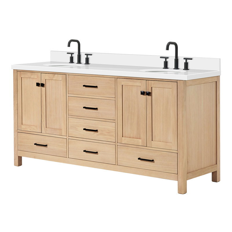 Cambridge 73'' Double Bathroom Vanity with White Quartz Top, Oak