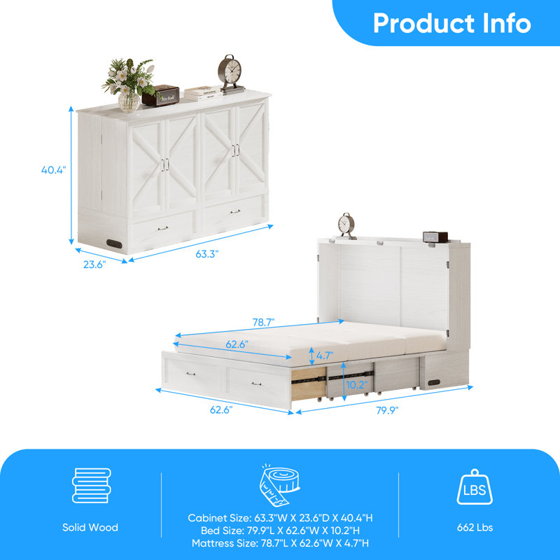 Murphy Bed Queen Manufactured Wood Traditional Cabinet, White, White