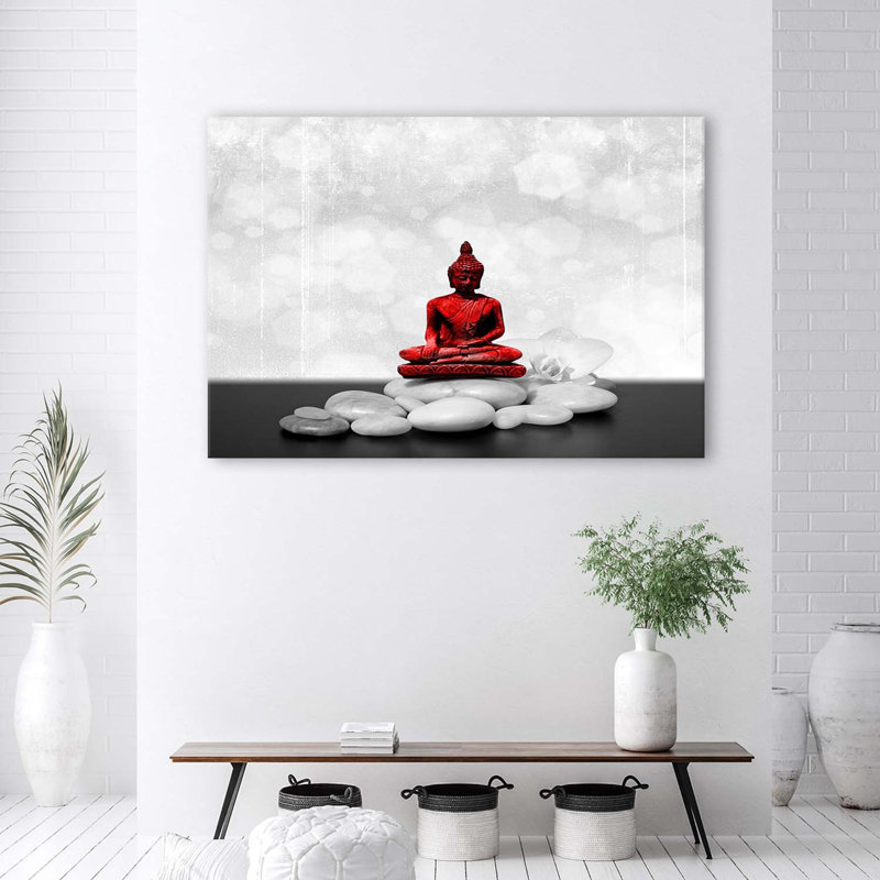 Red Buddha On Stones - Wrapped Canvas Print, 60cm H x 90cm W