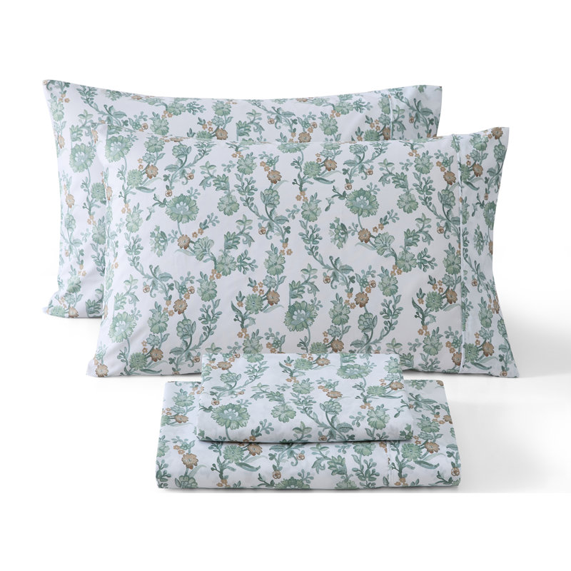 Ensemble de draps HLC.ME Ditsy, Ensemble de draps pour lit simple avec 1 taie d'or, Vert