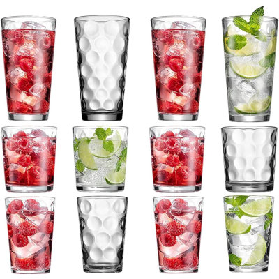 Ensemble de 12 verres élégants empilables pour tous les jours - comprend des verres à gobelets Highball 4 à 17 oz, des verres à whisky 4 à 13 oz, 4 verres à jus de 7 à 7 oz pour les boissons mélangées, de l'eau, de la bière et du vin.