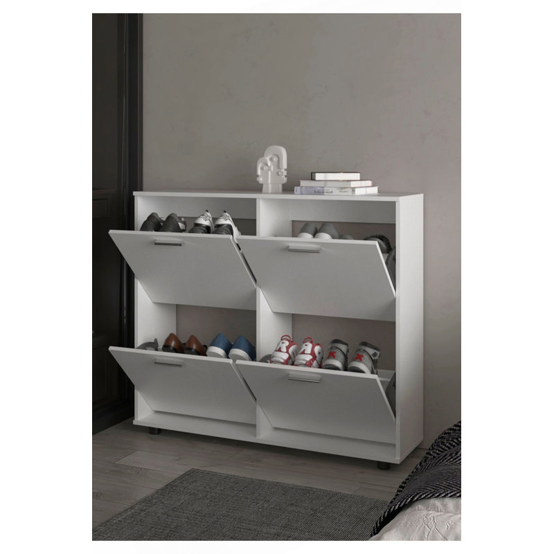 White Tilt-Out Shoe Storage Cabinet With Multiple Compartments And Modern Desig