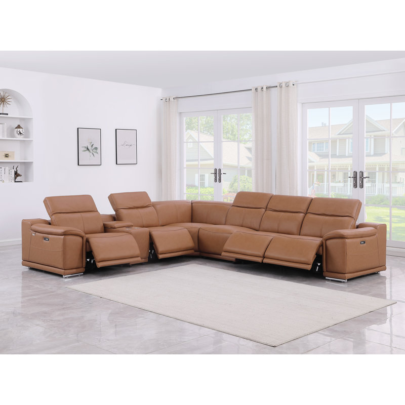 Harwyn 138" Wide Genuine Top Grain Italian Leather Symmetrical Reclining Corner Sectional, Cognac Genuine Leather