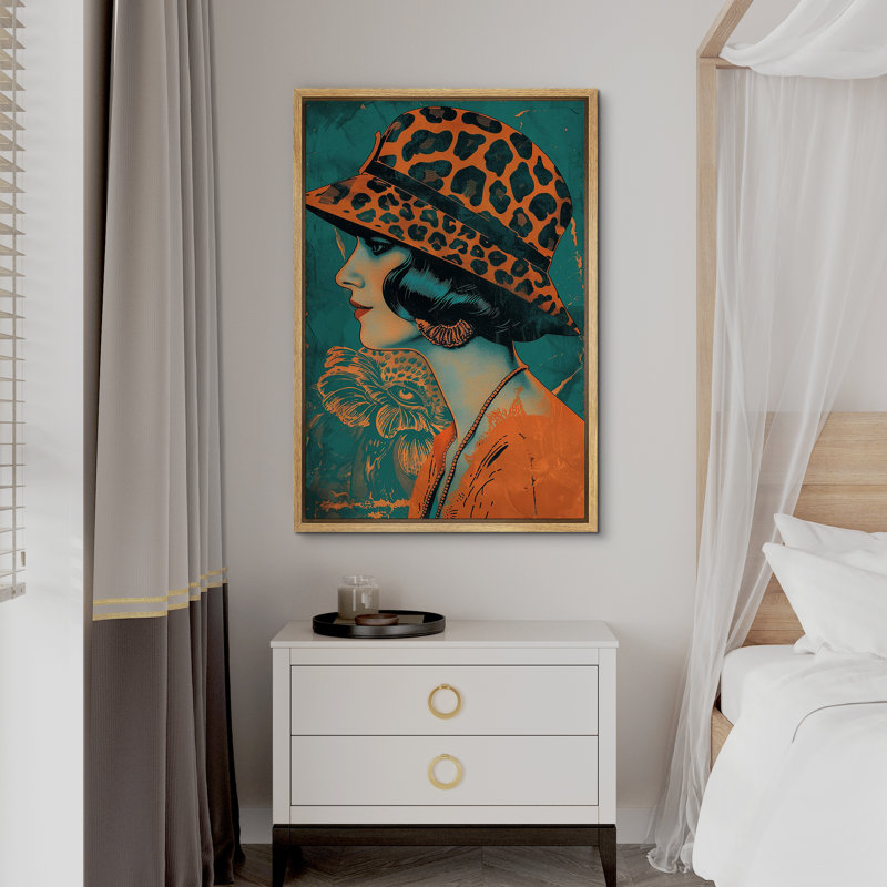 Élégance léopard orange, chapeau, dame, mode, BCBG, décoration de chambre, impression sur toile encadrée, Cadre naturel