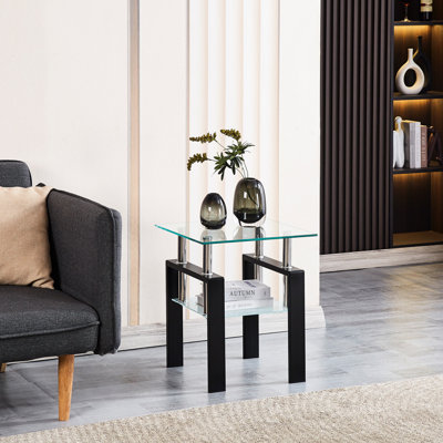 Table transparente en verre trempé transparent avec rangement à 2 couches - Côté pour le salon, la chambre à coucher, le bureau et les petits espaces