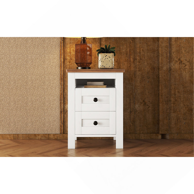 Table de chevet à 2 tiroirs en bois de style campagnard avec une conception bien proportionnée et des lignes épurées, table d'appoint en bois avec armoire de rangement