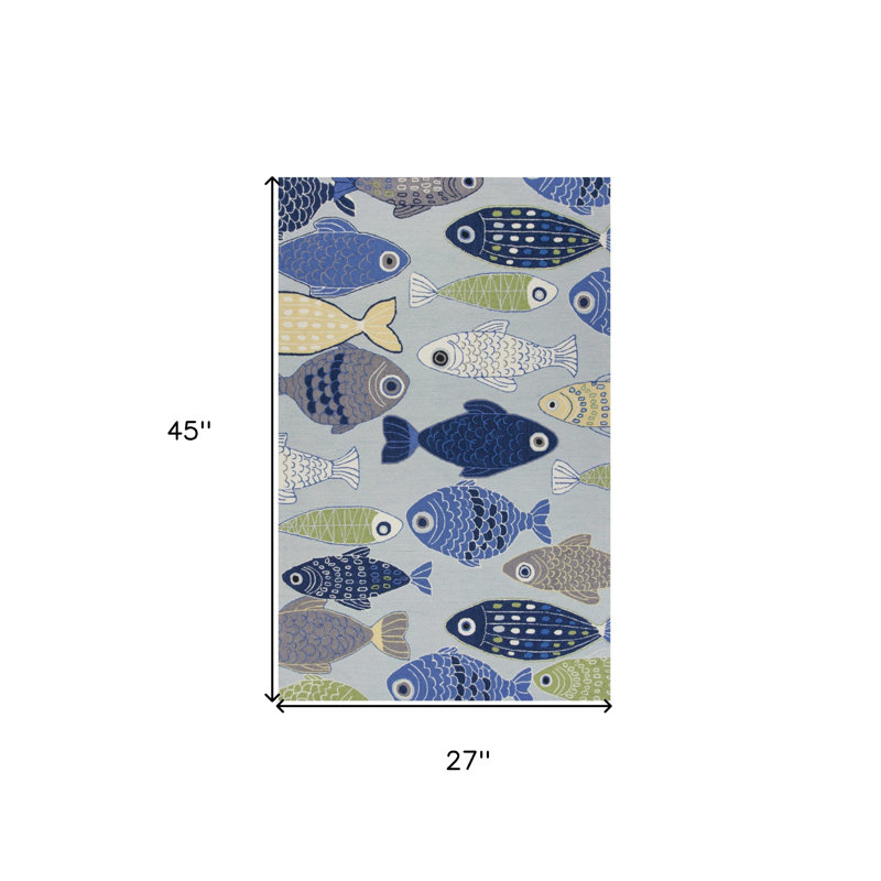 Petetia Blue and Ivory Fish Hand Tufted Area Rug, Rectangle 2' x 4'