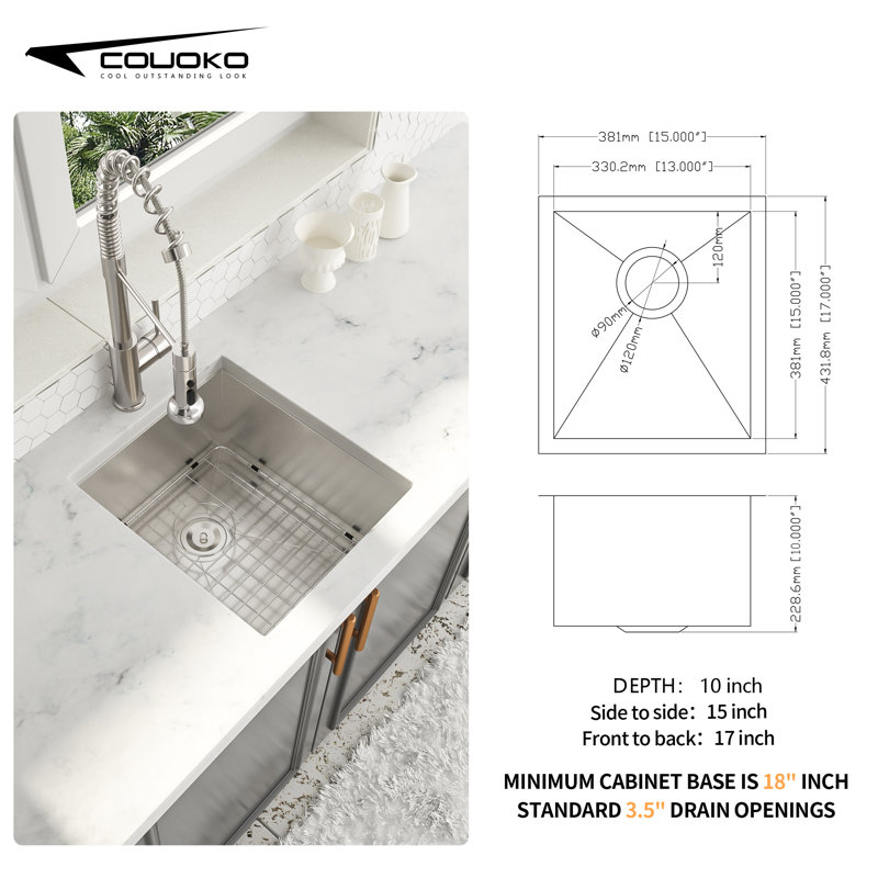 Évier de cuisine en acier inoxydable à cuve simple encastrable 15 po x 17 po