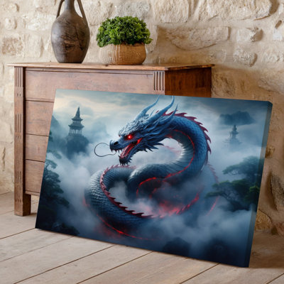 Canvas A Majestic Fearsome Dragon Coils Through A Swirling Mist Its Wall Art Scales Shimmering In Shades Of Deep Blue And Gray Canvas Wall Art