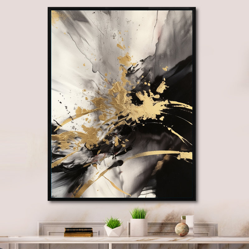 Gold And Grey Fluid Fusion II On Canvas Print, 20" H x 12" W x 1" D, Black Floater Framed
