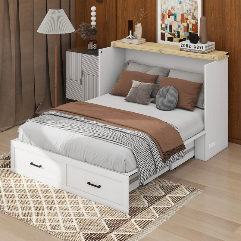 Full Murphy Bed With Storage Drawer & USB Charging Station, Blanc, Grand