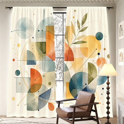 2 pièces de rideaux géométriques abstraits, tissu filtrant la lumière, motif de cercles et de lignes à l'aquarelle, design moderne rétro, protection de la vie privée, style passe-tringle, pour le salon, la chambre à coucher, le balcon, la cuisine