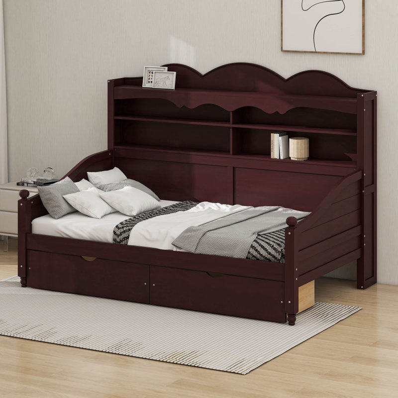Lit de jour simple avec tiroirs de rangement, structure de lit simple en bois robuste avec étagère de tête de lit de rangement, style rétro