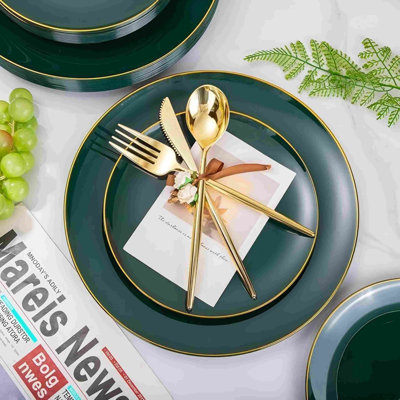 WELLIFE 150Pcs Green Plastic Plates with Gold Rim, Fancy Disposable Plates,Green Plates Set include 30 Dinner Plate,30 Dessert Plate, 90 Plastic Silverware Set for Wedding&Party
